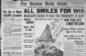 Front page of Boston Globe news paper, January 1, 1915. "All Smiles for 1915" continues to describe Boston's New Year's Eve celebration.