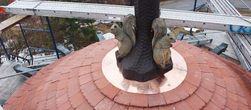 Pergola roof with squirrel finial installed 4-10-2024